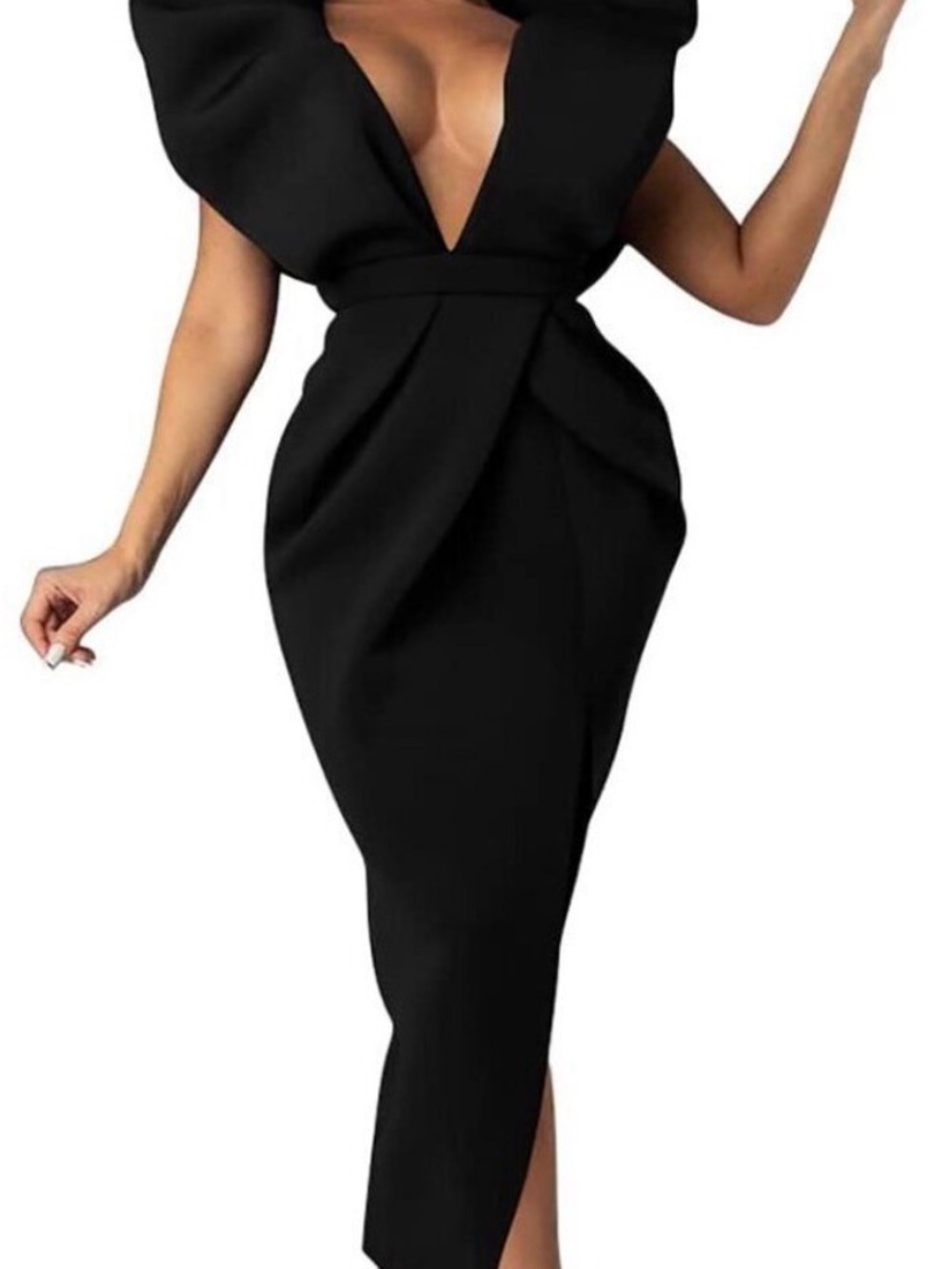 NWT Elegant Black Deep-V “SLAY”Dress with Sculpted Shoulders by Mable in Sz S